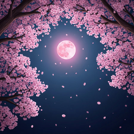 Cherry blossom background with full moon and sakura flowers.の素材