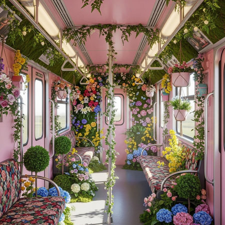 Interior of a train carriage with flowers and plants on the floorの素材