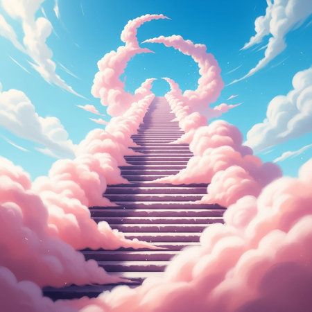 Staircase leading to the sky with clouds, 3D renderingの素材