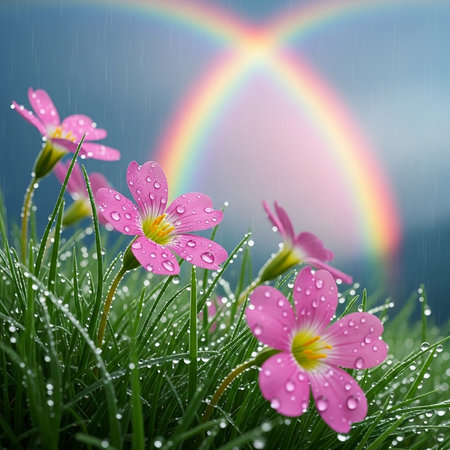 Rainbow and pink flowers with raindrops on green grass with rainbowの素材