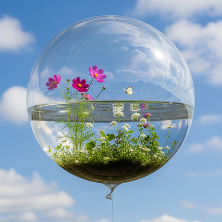 Glass ball with flowers and butterflies on the background of the blue skyの素材