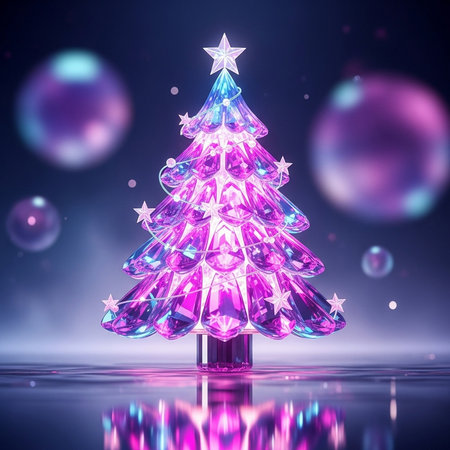 Christmas tree made of crystal and bokeh background, 3d illustrationの素材