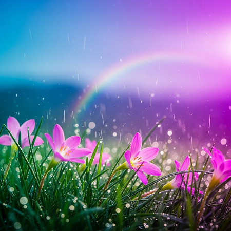 Raindrops on the crocus flowers with a rainbow in the backgroundの素材