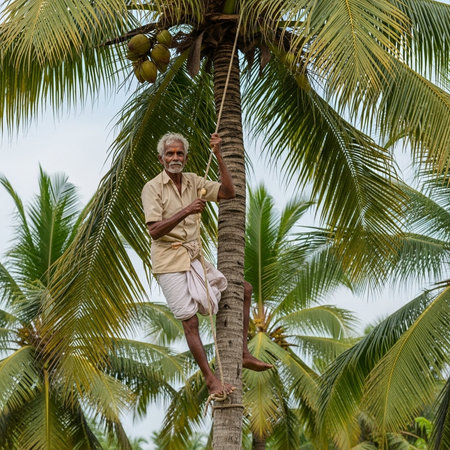 Unidentified indian man on coconut tree in Kolkata.の素材