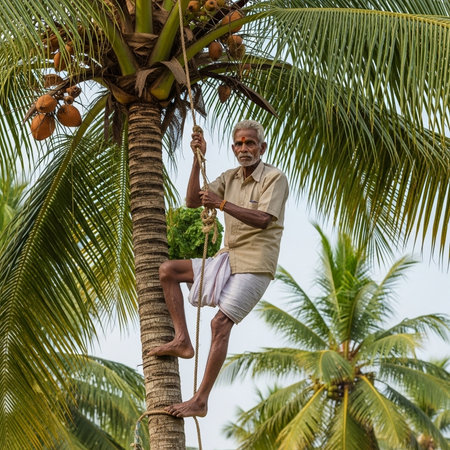Unidentified Indian man climbing a palm tree.の素材