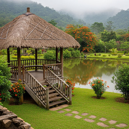Wooden bridge in the garden with pond and mountain background. Thailandの素材