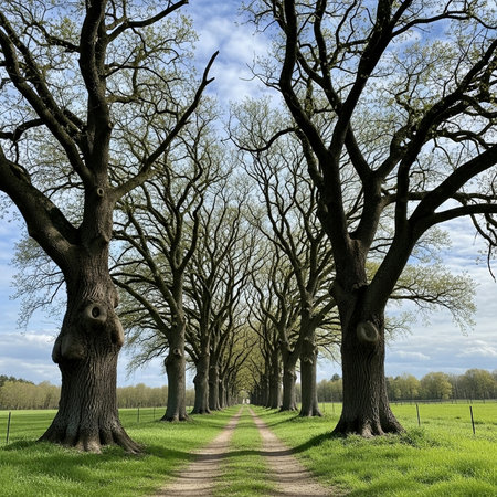 Row of old oak trees along a road in the countryside in springの素材