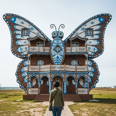 Woman looking at the beautiful wooden house in the village of Zaporozhye, Ukraineの素材