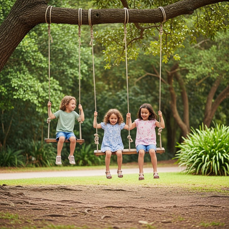 Happy children playing on swing in the park. Kids having fun outdoors.の素材