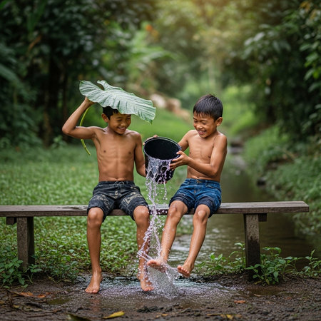 Two asian boys playing with water in the rainforest, Thailand.の素材