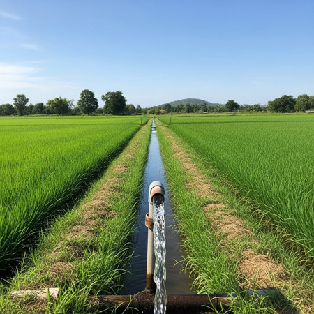 Water from the well in a rice field with blue sky background.の素材