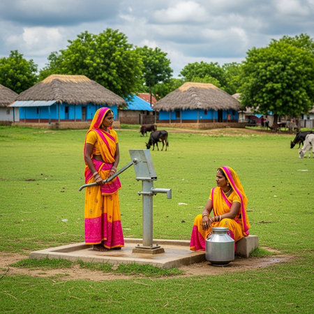 Unidentified Indian women in traditional dress drinking water from a well at a rural village.の素材