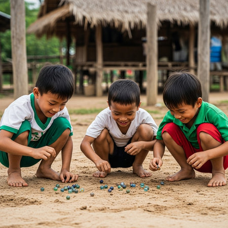 Cute asian children playing marbles on the beach in Thailandの素材