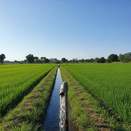 Water pipe in rice field with blue sky and white cloud background.の素材