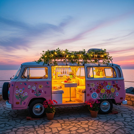 Wedding car on the seashore at sunset, Greeceの素材