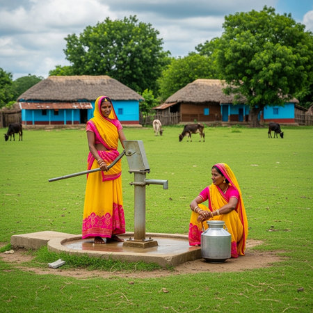 Indian women drinking water from a water well in a rural setting.の素材