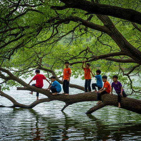 A group of children are sitting on a tree in a lake.の素材