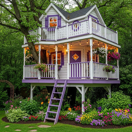 Wooden house in the garden with colorful flowers in the foreground.の素材