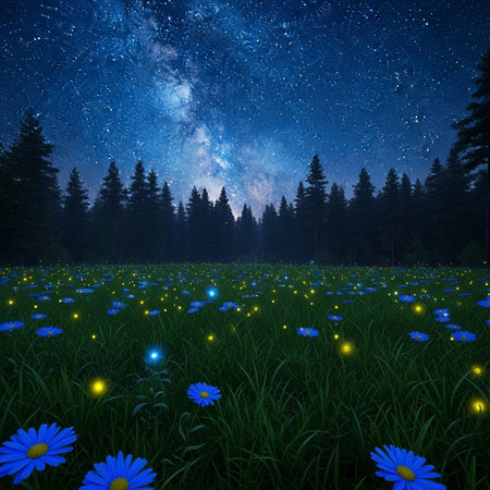 Night sky with stars and clouds over the meadow with daisiesの素材