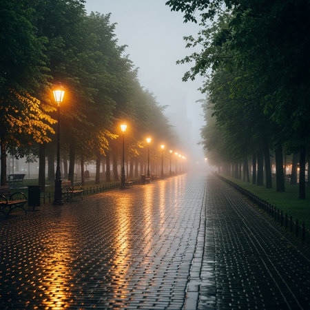 Paved road in the foggy morning in the city park.の素材