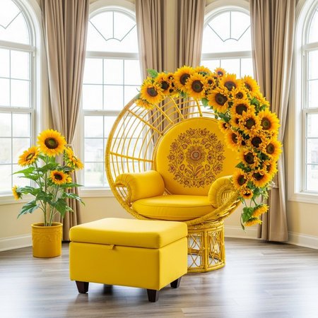 Yellow armchair with sunflowers in the interior of the roomの素材