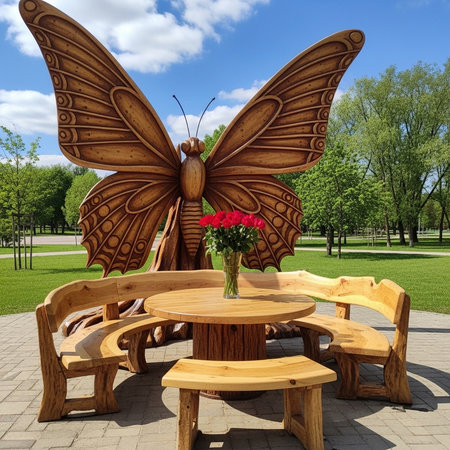 Wooden table with a butterfly in the park. 3d renderの素材
