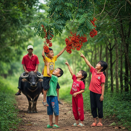 Unidentified asian children and cow in the forest.の素材