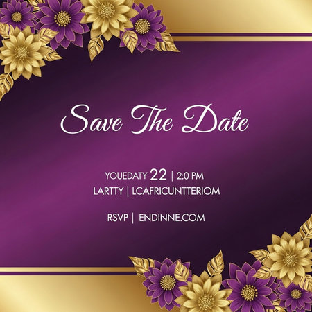 Save the date invitation card template with gold and purple floral background.の素材