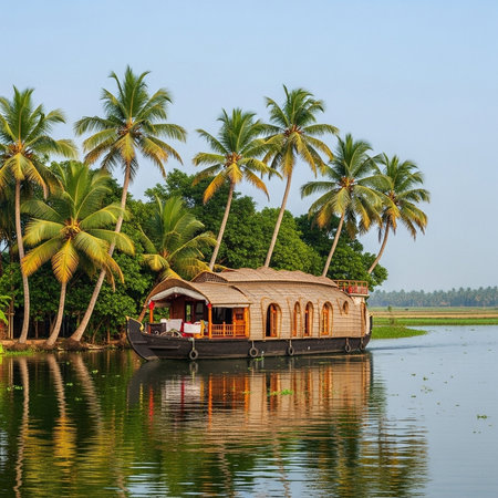 Traditional wooden house on the riverbank in Kerala, India. Wooden house on the waterの素材