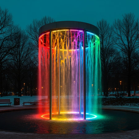 Fountain in the city park at night, illuminated by multicolored lightsの素材