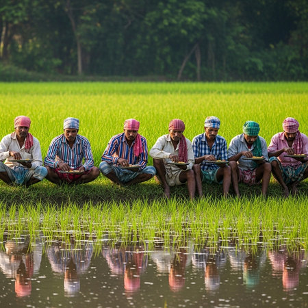 Indian farmer working on the rice field in the countryside in India.の素材