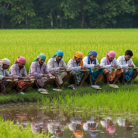 Unidentified people working in paddy field.の素材