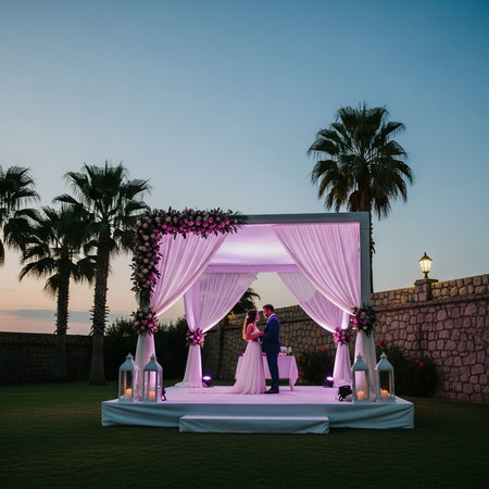 Wedding ceremony in a tropical setting. Wedding arch decorated with flowers and candlesの素材