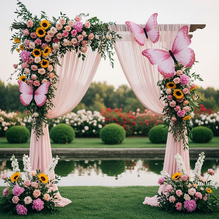 Wedding arch decorated with flowers and butterflies. Wedding decor.の素材