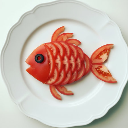Fish made of tomato slices on a white plate, top view.の素材