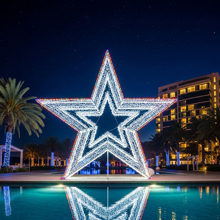 Illuminated star on the pool at the Hard Rock Hotel and Casino in Las Vegas, Nevada. Hard Rock Hotel and Casino is a luxury hotel in Las Vegas.の素材