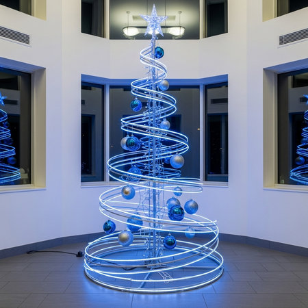 christmas tree with blue lights in the shop, christmas decorationの素材