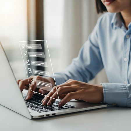 Close-up of female hands typing on laptop keyboard. Businesswoman working with computer in officeの素材