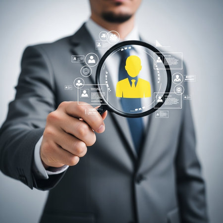 businessman with magnifying glass and human icon on the virtual screenの素材