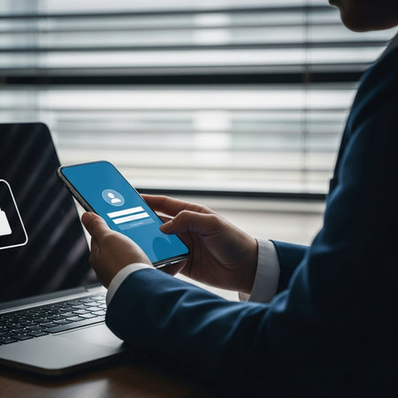 Browsing Internet Data Information Networking Concept. Businessman using smart phone and laptop computer with blank screen.の素材