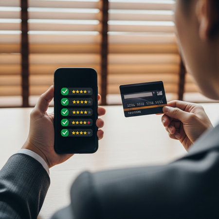cropped view of businesswoman holding credit card and smartphone with app rating on screenの素材