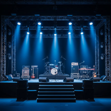 Stage lights and spotlights on a concert stage, toned imageの素材