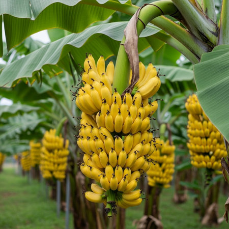 Bunch of bananas on a banana tree in a tropical garden.の素材