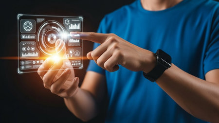 Man using smartwatch with augmented reality hologram. 3D renderingの素材