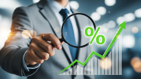 Businessman on blurred background using magnifying glass to look at growing chartの素材