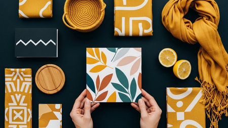 cropped view of woman holding gift box with orange and yellow pattern on blackの素材