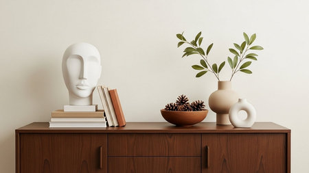 Vase with plant and books on the chest of drawers. 3d renderingの素材