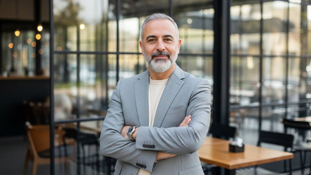 Portrait of confident mature businessman standing with arms crossed in coffee shopの素材
