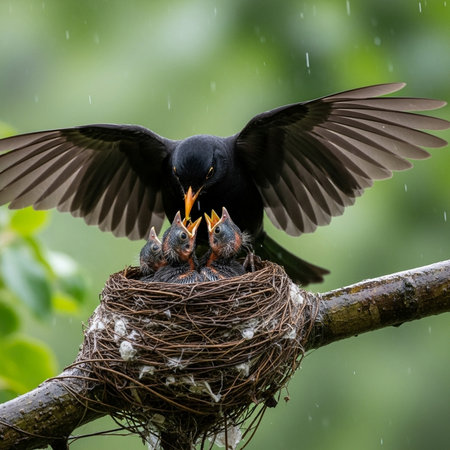 Little Blackbird (Corvus coromandelius) with chicks in the nestの素材