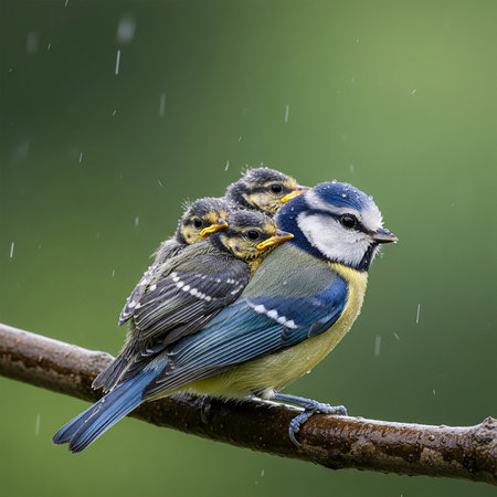 Blue tit, Cyanistes caeruleus, with baby bird in the rainの素材